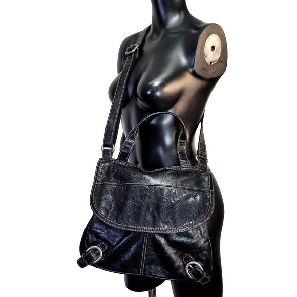 Fossil Lizette Black‎ Leather Canvas Messenger Bag Cross Body Purse - Picture 2 of 9